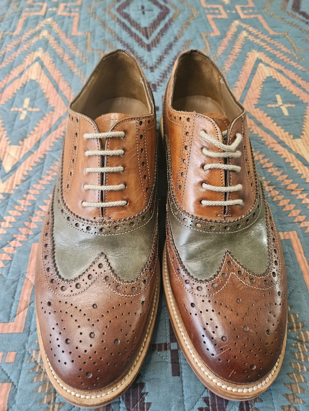 Two-Tone Brown & Olive‎ Leather Wingtip Derbys